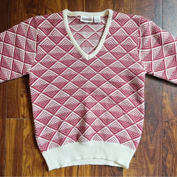 Vintage Country Suburbans Geometric Pattern V-Neck Sweater - Picture 2 of 6
